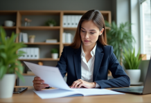 Femme professionnelle en bureau pour un article immobilier