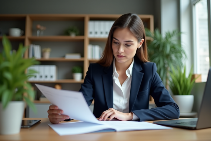 Femme professionnelle en bureau pour un article immobilier