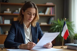 Femme consultant un questionnaire de quiz politique Force Républicaine dans un bureau à domicile
