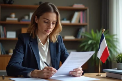 Femme consultant un questionnaire de quiz politique Force Républicaine dans un bureau à domicile