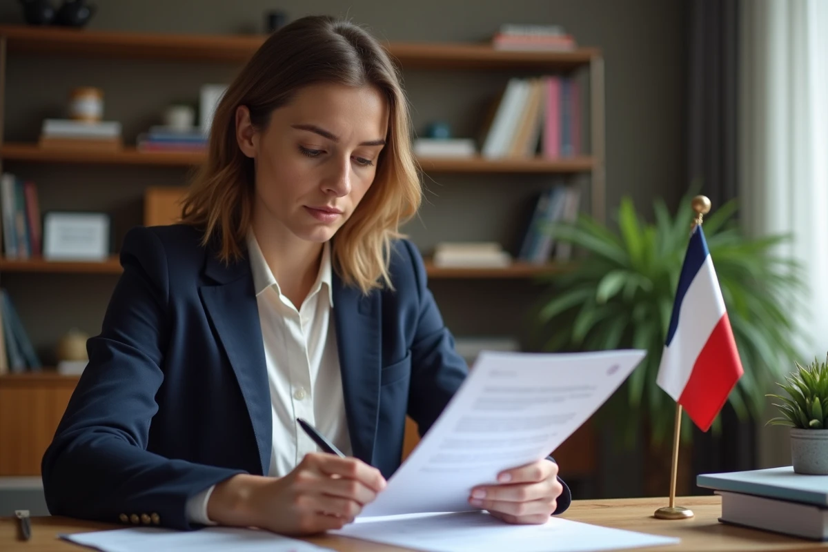 Femme consultant un questionnaire de quiz politique Force Républicaine dans un bureau à domicile