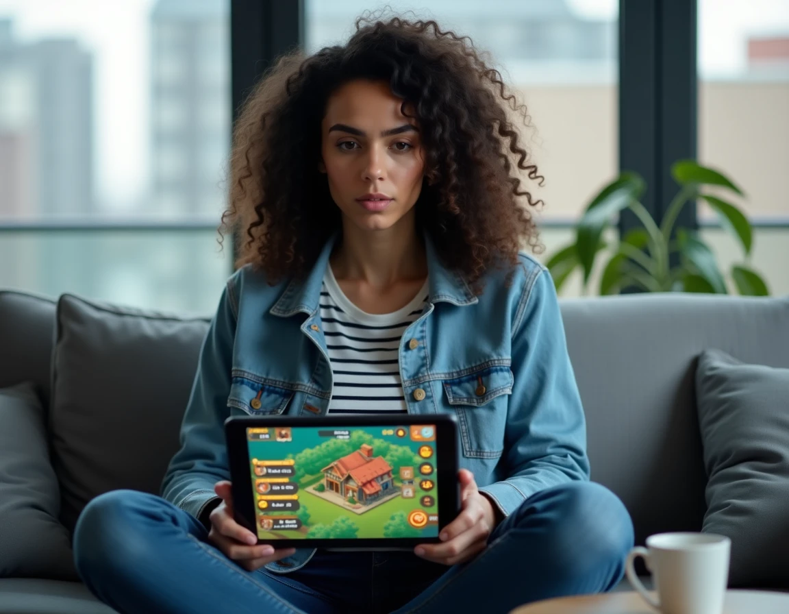 Femme frustrée cherchant un club sur une application de jeu de société mobile