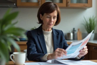 Femme d'âge moyen lisant brochures d'assurance santé