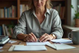 Femme collant un timbre sur une enveloppe avec une balance postale numérique sur un bureau en bois