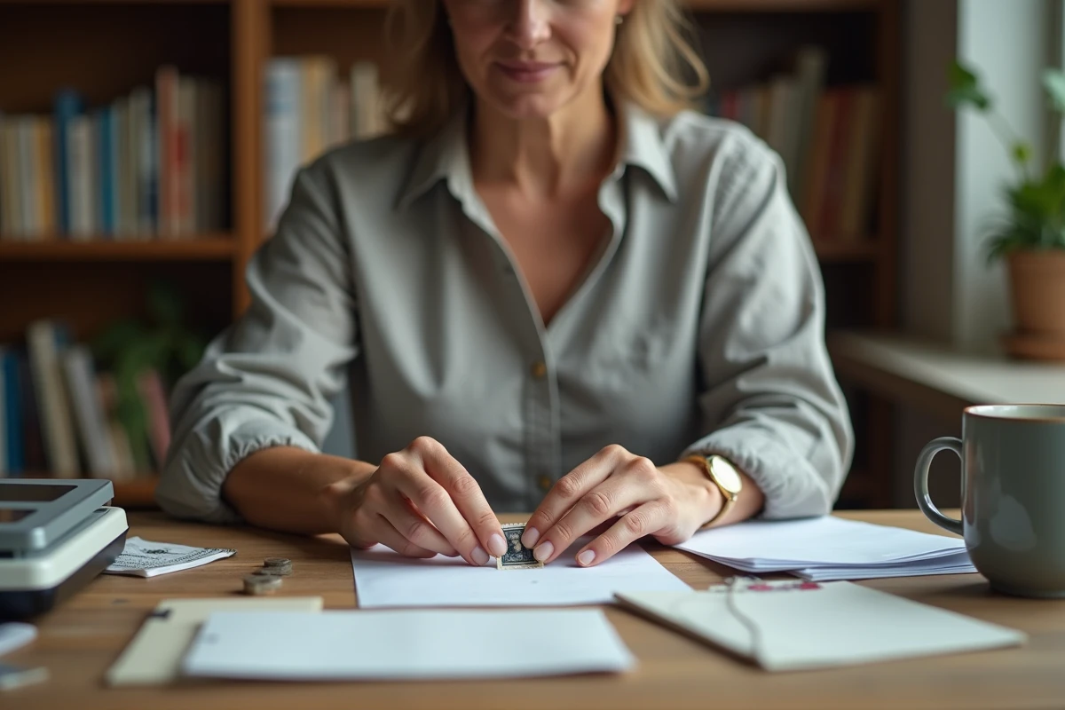 Femme collant un timbre sur une enveloppe avec une balance postale numérique sur un bureau en bois