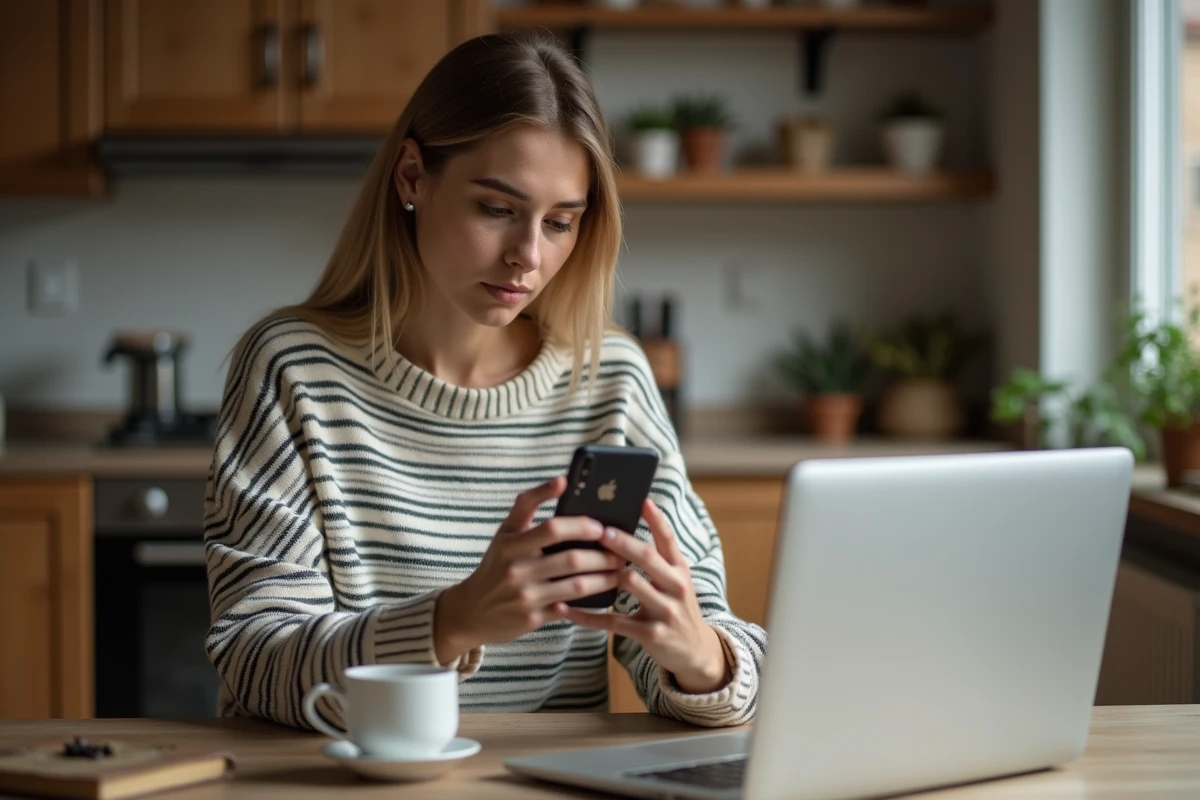 Femme concentrée travaillant à la maison avec ordinateur et smartphone