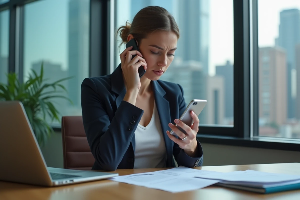 Femme anxieuse au bureau regardant son téléphone