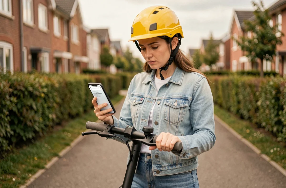Femme casquée consultant son téléphone sur une piste cyclable avant de modifier sa trottinette électrique