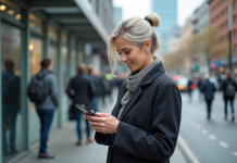 Différence entre mobilité et transport: le point crucial pour bien comprendre Femme d affaires regarde son smartphone à un arrêt de bus