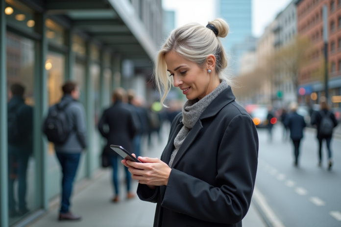 femme-urbain-attente-bus Femme d affaires regarde son smartphone à un arrêt de bus