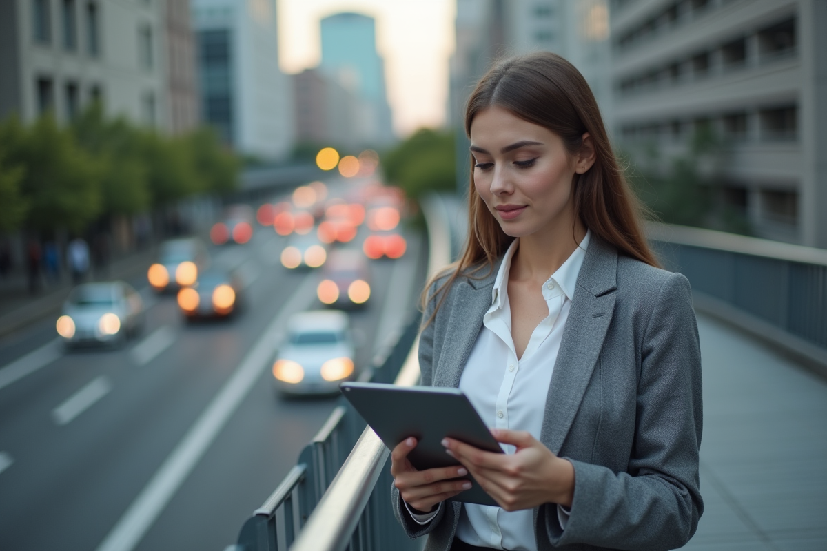 Jeune femme avec tablette sur pont urbain dynamique