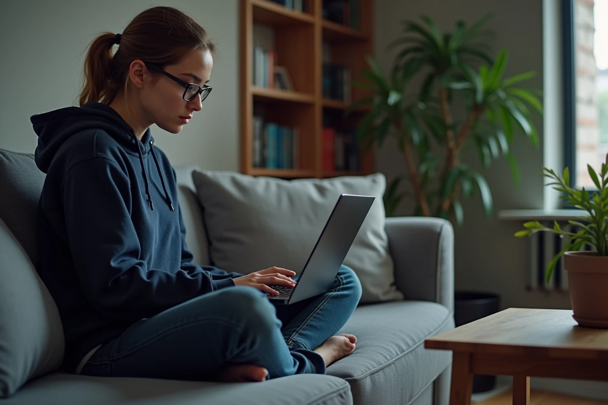 Femme vérifiant sur son ordinateur portable si sa machine remplit la configuration minimale requise pour Aeonscope Game