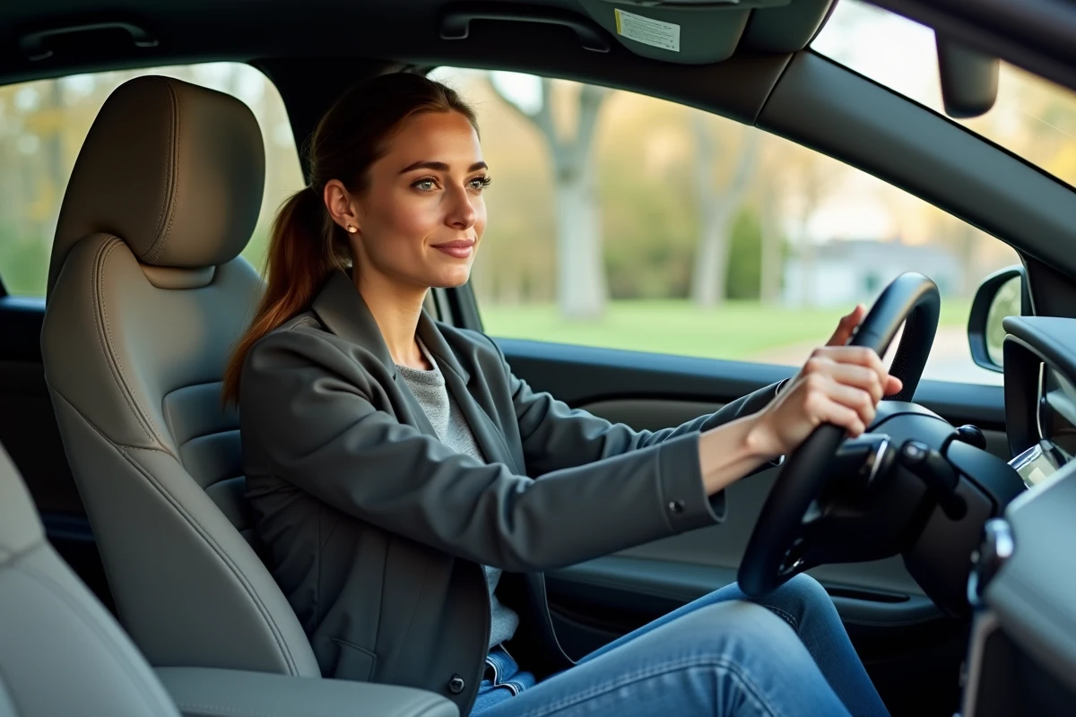 Femme en voiture hybride assise au volant avec intérieur détaillé