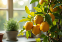 Feuilles jaunies d'un limonier en pot près d'une fenêtre lumineuse