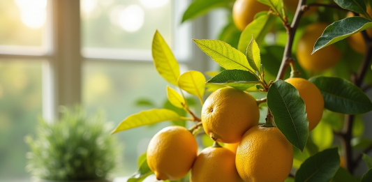 Feuilles jaunies d'un limonier en pot près d'une fenêtre lumineuse
