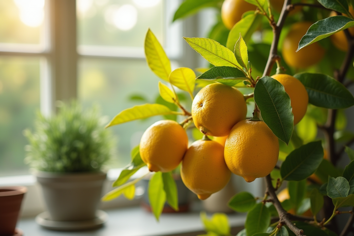 Feuilles jaunies d'un limonier en pot près d'une fenêtre lumineuse