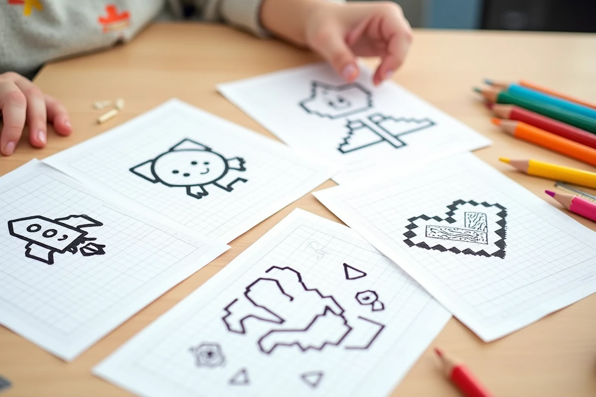 Vue de dessus de plusieurs feuilles de pixel art facile à imprimer pour enfants posées sur une table en bois avec des crayons de couleur