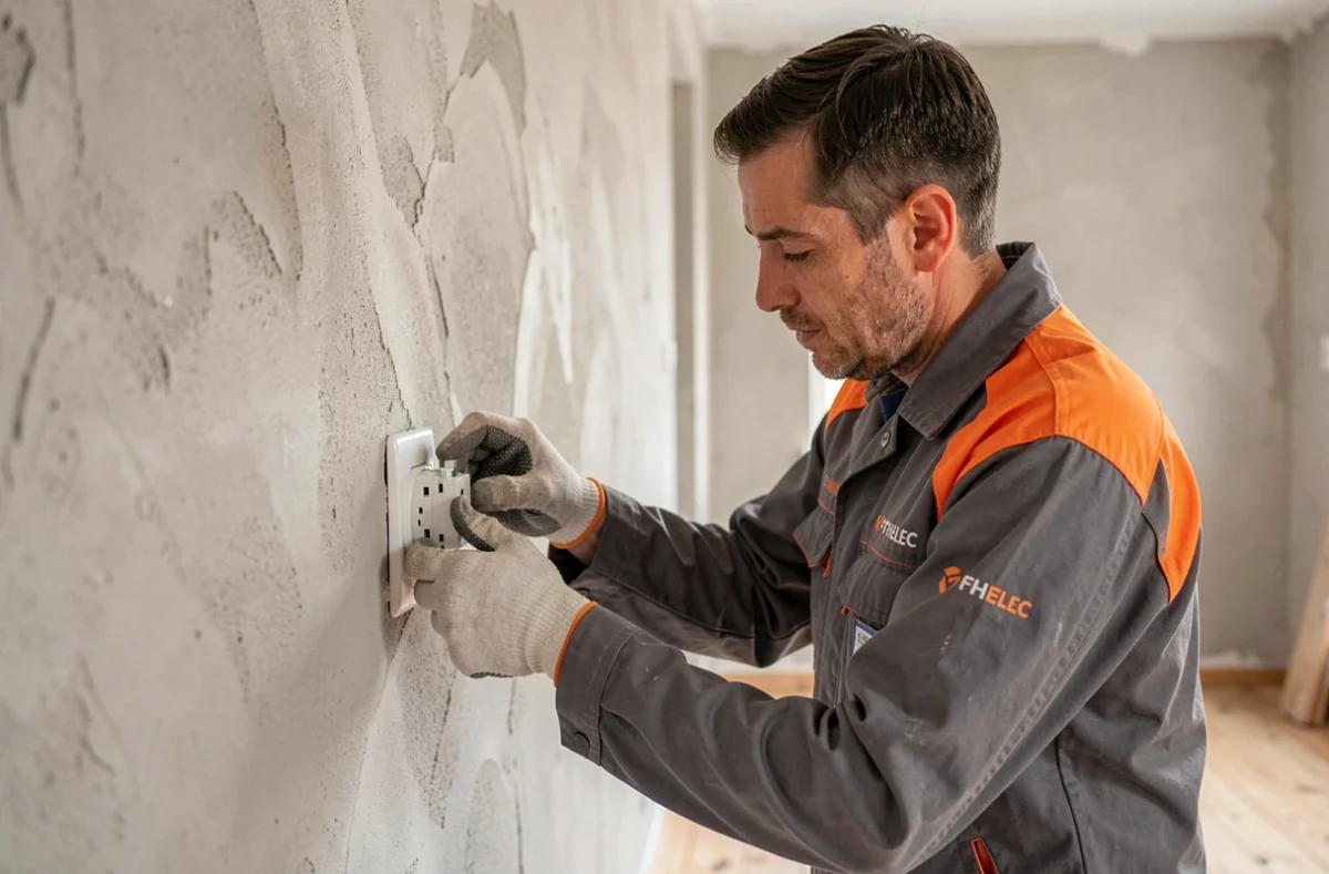 Technicien FHELEC installant une prise électrique dans une maison en rénovation à Montpellier