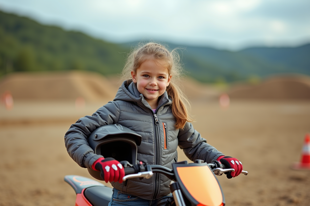 Fille debout à côté de sa moto Piwi dans un terrain d