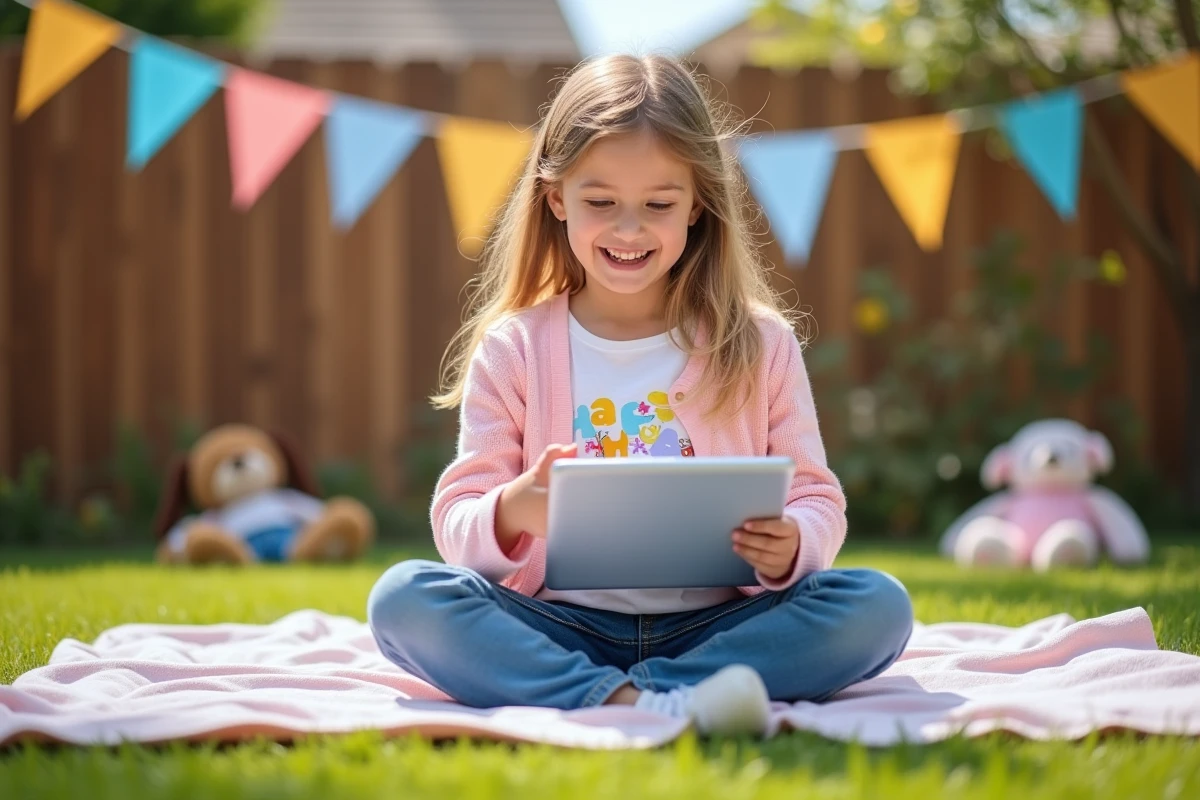 Jeune fille riant avec une tablette dans un jardin ensoleille