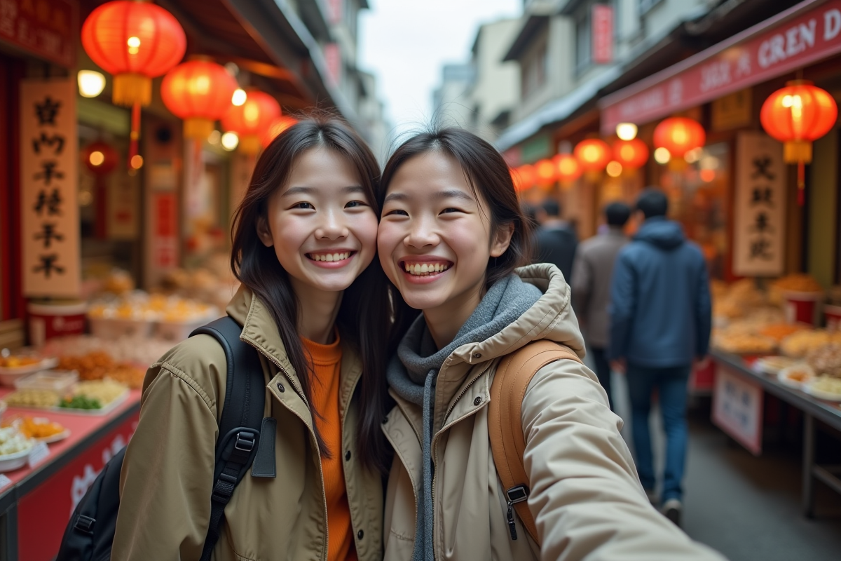 Fille et mère prenant un selfie dans un marché asiatique animé