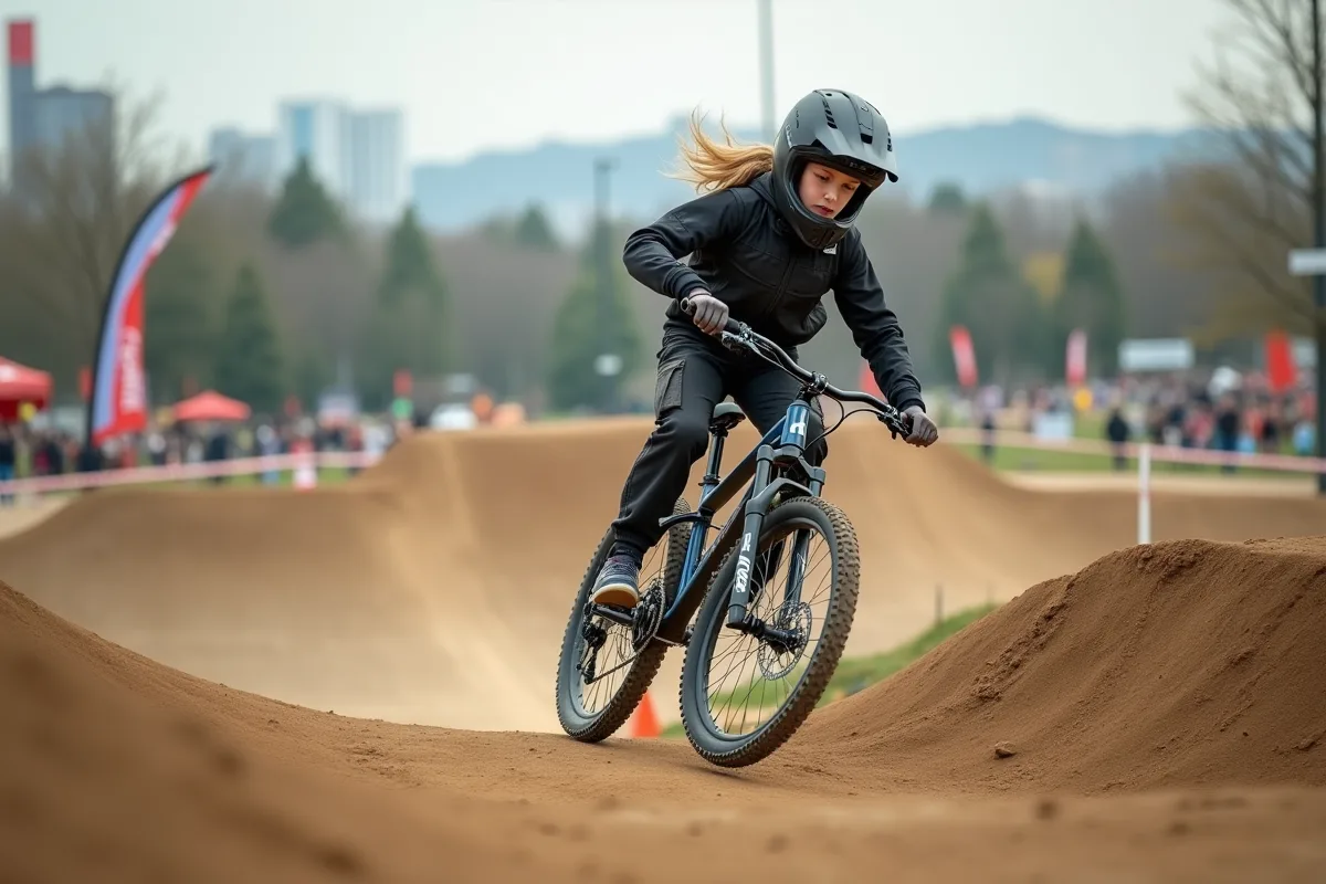 Fille en VTT dans un parc urbain avec terrain en terre