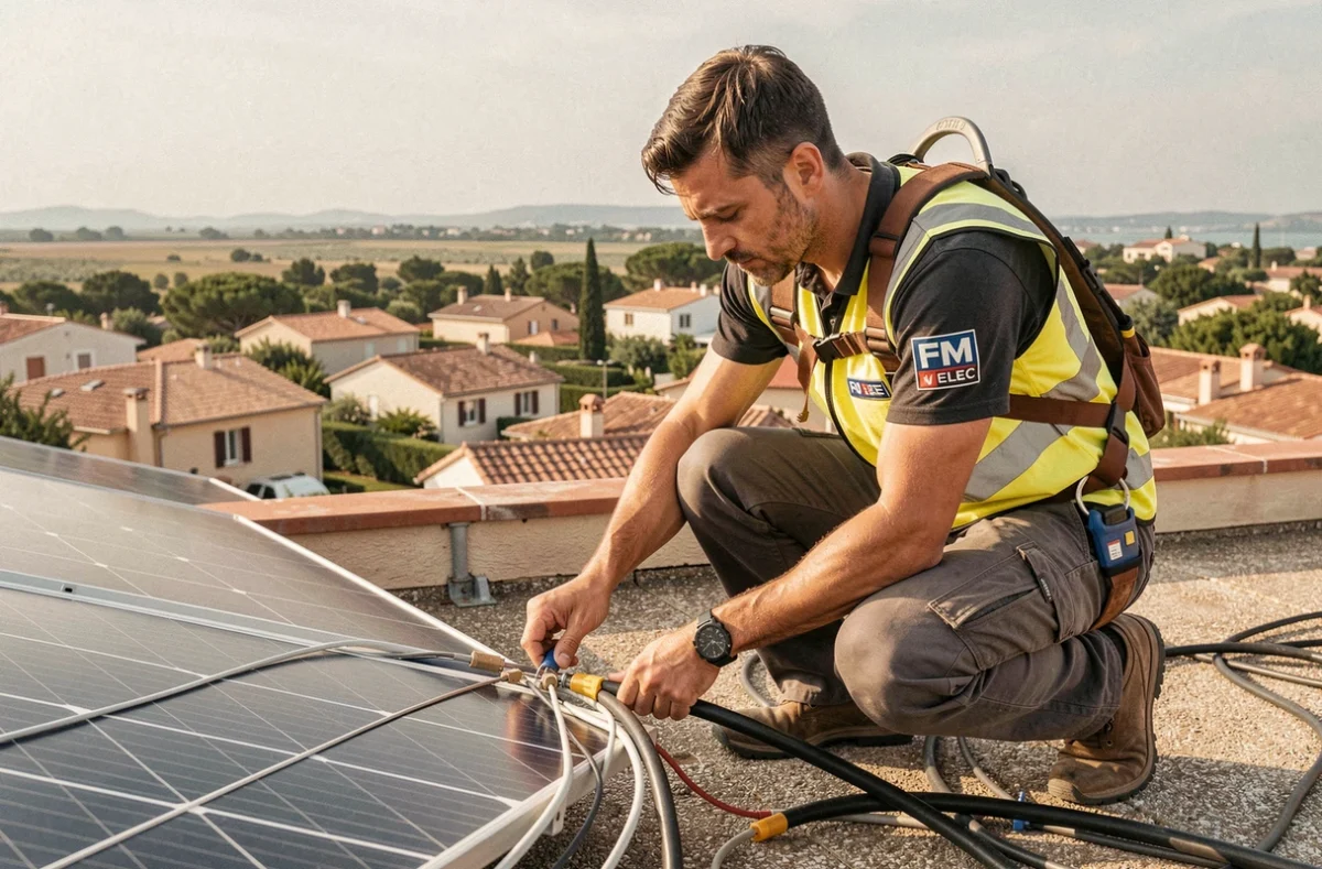 Électricien de FM Elec installant des câbles de panneaux photovoltaïques sur un toit résidentiel à Montpellier