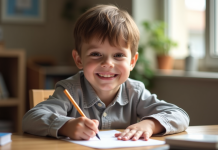 Jeune garçon souriant écrivant son nom avec L