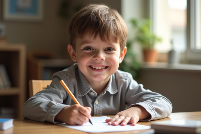 Jeune garçon souriant écrivant son nom avec L