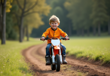 Garçon souriant sur sa moto Piwi en plein air