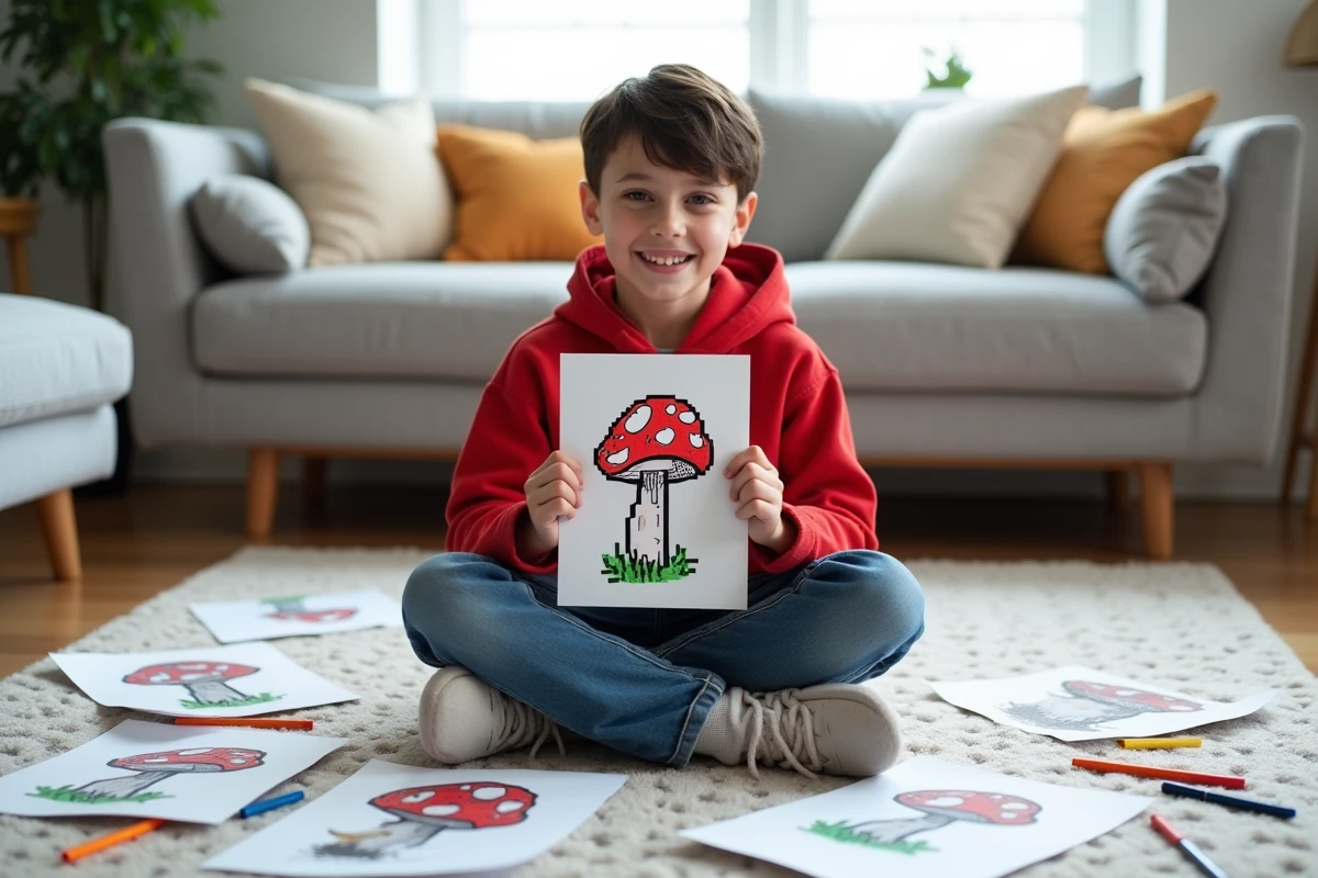 Garçon souriant tenant fièrement son dessin pixel art terminé entouré de feuilles imprimées et de marqueurs sur le sol du salon