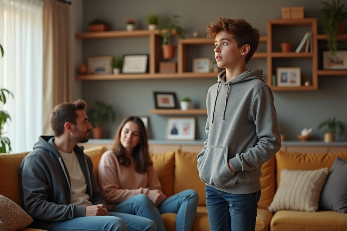 Garçon de 15 ans présentant une idée à ses parents dans le salon