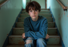 Jeune garçon assis pensif sur l'escalier d'une école