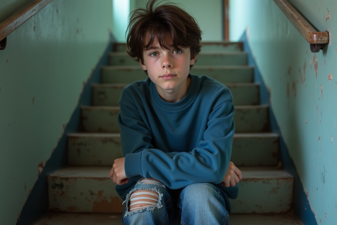 Jeune garçon assis pensif sur l'escalier d'une école
