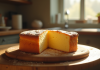 Gâteau basque frais coupé sur une table en cuisine lumineuse