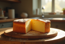 Gâteau basque frais coupé sur une table en cuisine lumineuse