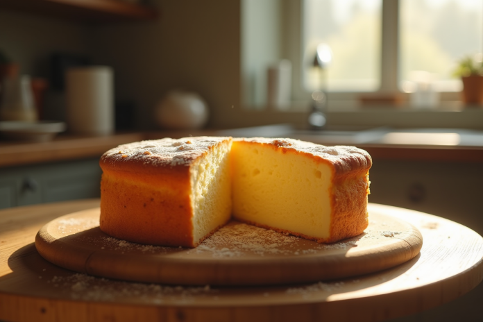 Gâteau basque frais coupé sur une table en cuisine lumineuse