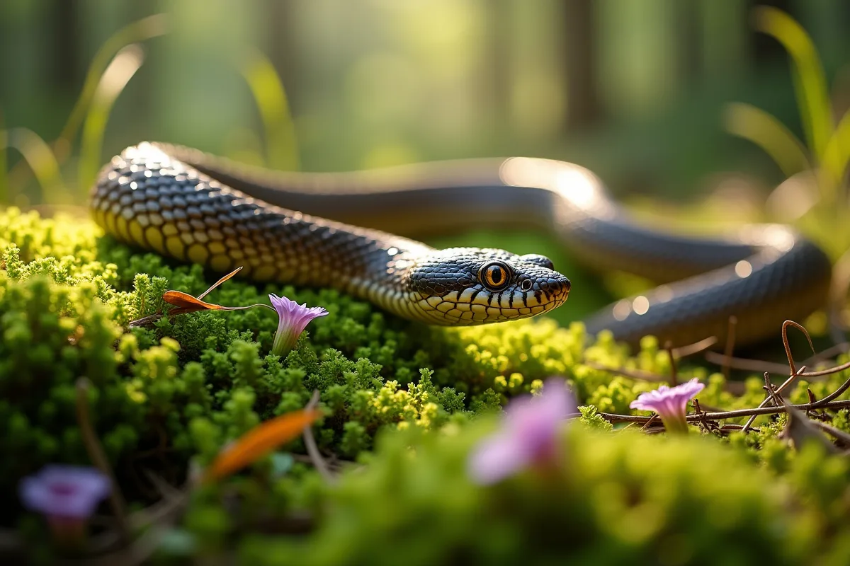 Couleuvre se prélassant sur un rocher ensoleillé dans la nature française