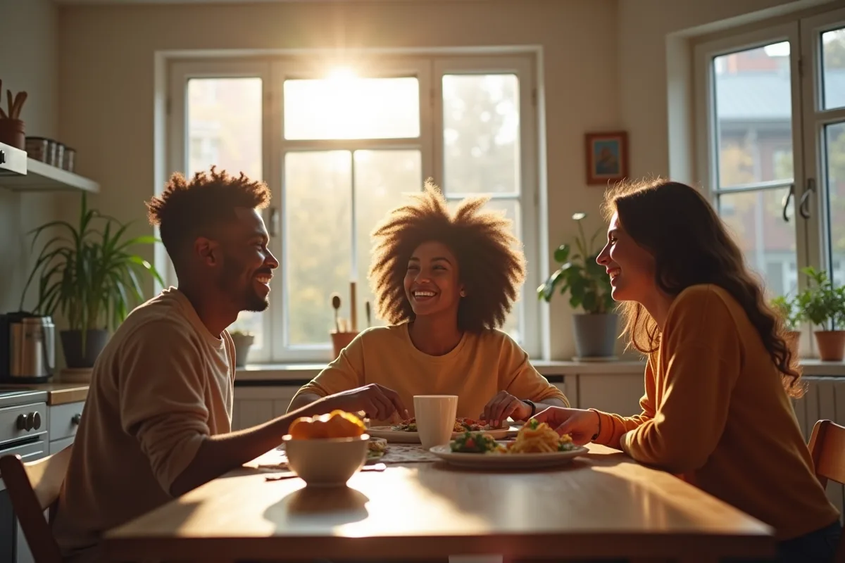 Trois personnes partageant un repas de spaghettis dans une cuisine conviviale
