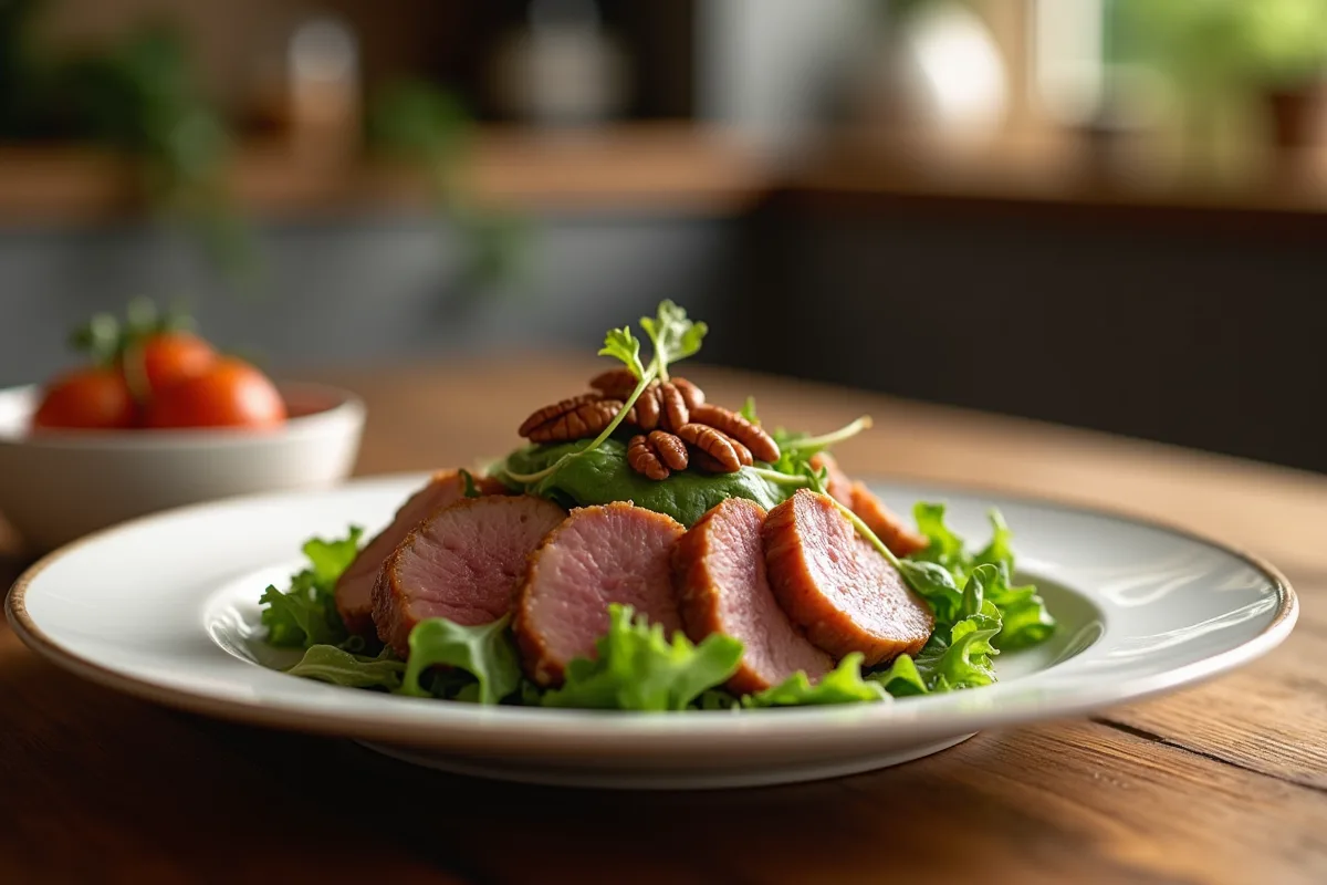 Salade de magrets de canard avec noix de pécan croquantes