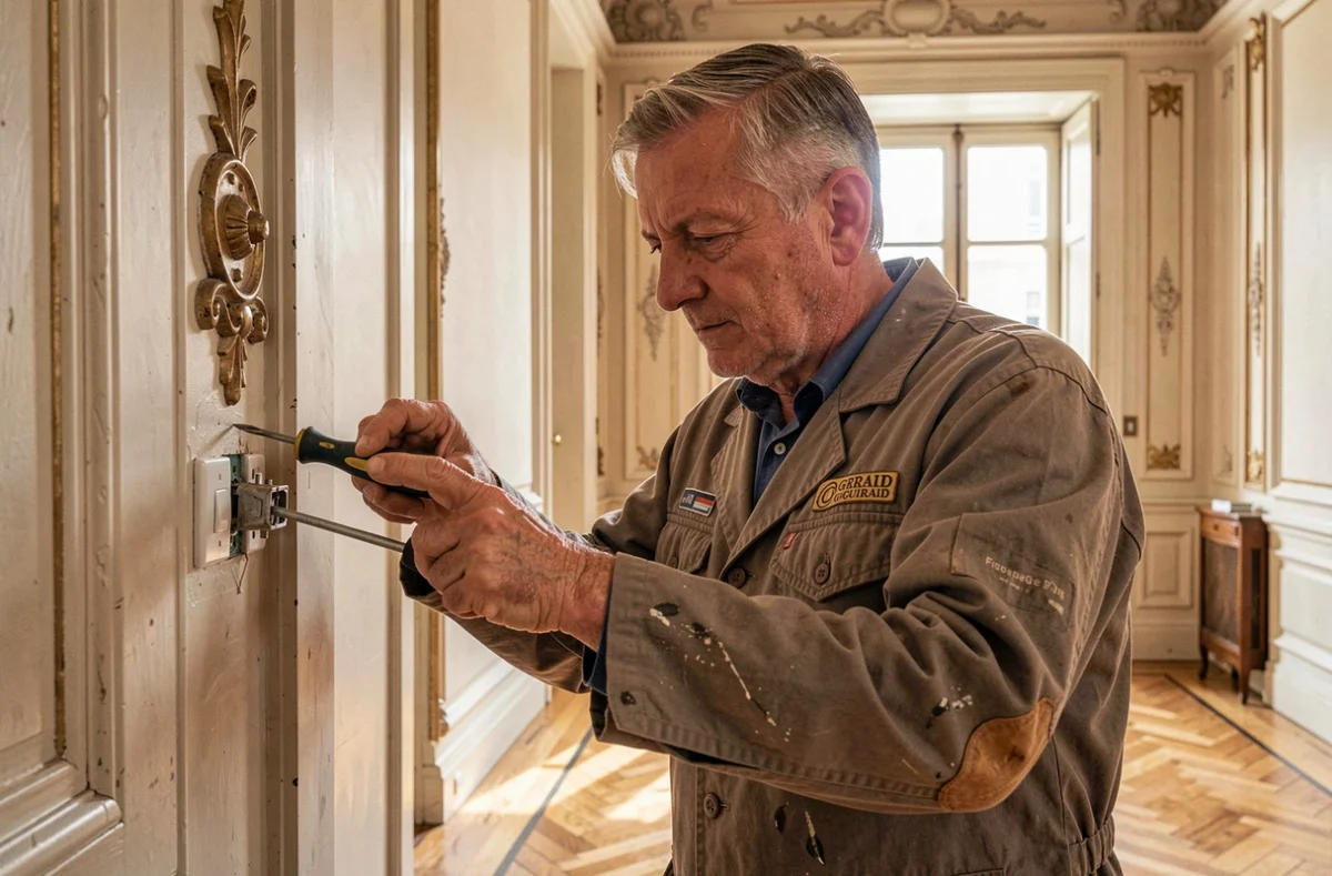 Électricien artisan Gerard Guiraud effectuant un réglage sur un interrupteur dans un appartement haussmannien de Montpellier