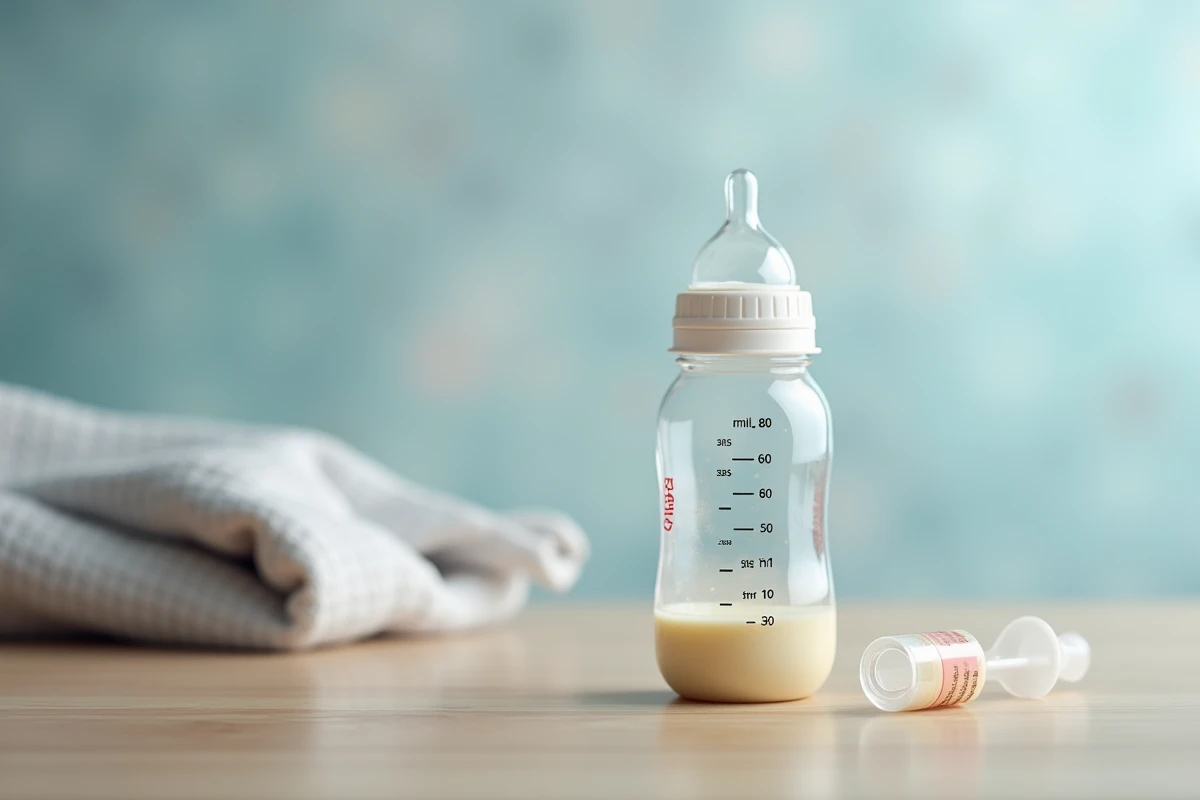 Gros plan d'un biberon transparent avec graduations en millilitres et seringue de mesure sur une table en bois