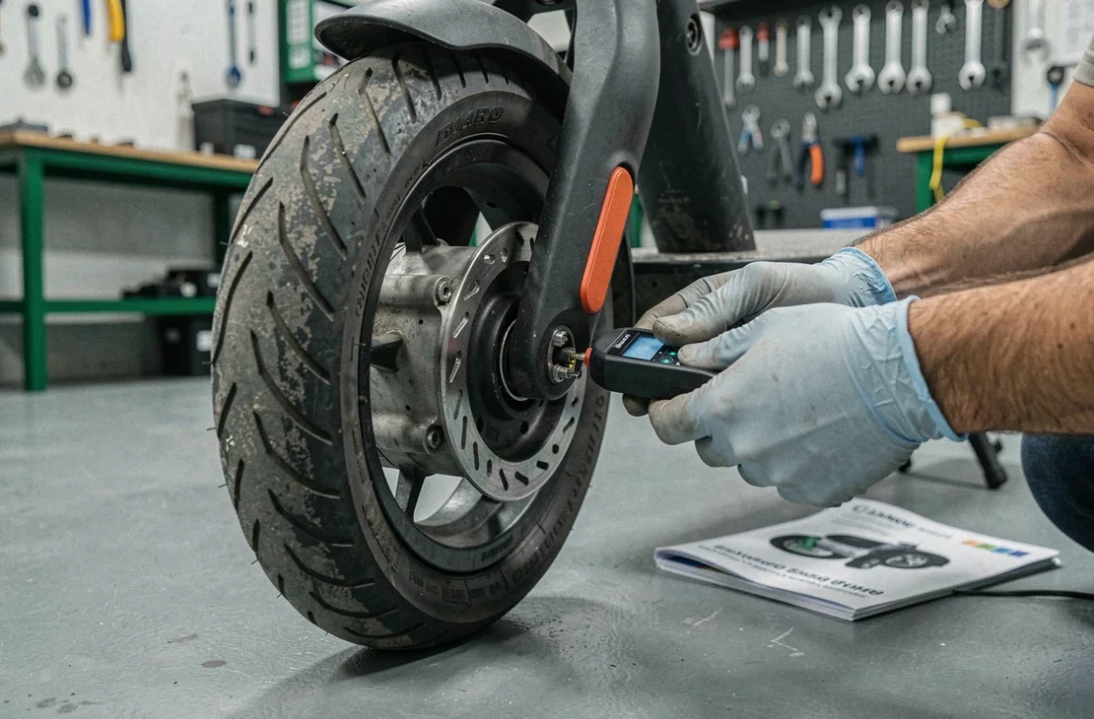Gros plan sur le moteur d'une trottinette électrique avec des mains gantées tenant un outil de diagnostic dans un garage