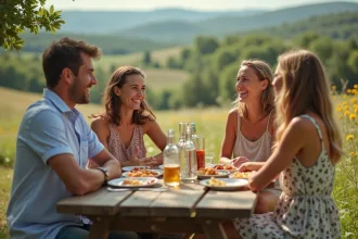 Groupe d'amis souriants lors d'un pique-nique d'été en campagne