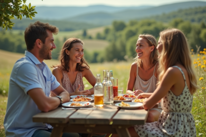 Groupe d'amis souriants lors d'un pique-nique d'été en campagne