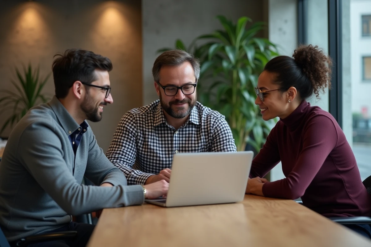 Groupe de personnes discutant des résultats d'un quiz politique en ligne dans un espace de coworking