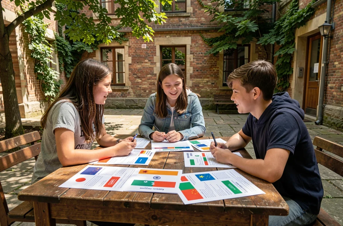 Groupe d'élèves étudiant des fiches pays sur les nations d'Asie ensemble dans une cour d'école