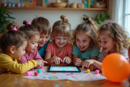 Enfants souriants regardant un GIF anniversaire sur une tablette