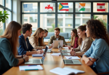 Groupe d'étudiants internationaux autour d'une table en classe