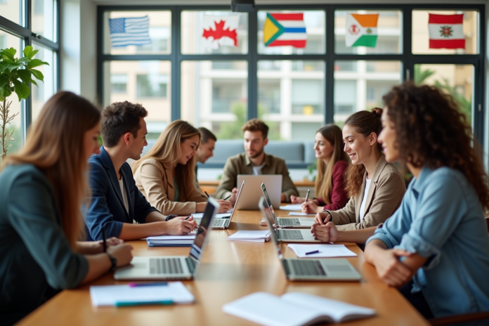 Groupe d'étudiants internationaux autour d'une table en classe